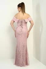 Kadın Madonna Yaka Astarlı Üstü Tül Boncuk-Pul İşlemeli Uzun Abiye Elbise