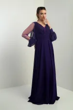 Ön Arka V Yaka Önü Drapeli Kolları Tül Astarlı Geniş Beden Aralıklı Uzun Şifon Elbise