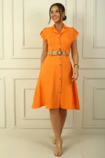 Robe effet lin à col, épaules dénudées, double poche et ceinture pour femme