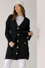 Arkası Nakışlı Beli Kuşaklı Cepli Uzun Hırka