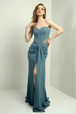 Women's Long Strapless Dress with Beaded Detail and Transparent Lining at the Waist