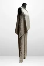 Kadın  Toka Detaylı Eteği Asimetrik Bluz Beli Lastikli Cepli Palazzo Pantolon Keten 2'li Takım