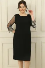 Plus Size Lined Dress with Tulle, Bead and Flower Embroidered Sleeves