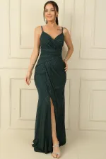 İp Askılı Önü Büzgülü Taşlı Elbise