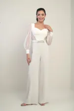 Women's Sweetheart Neckline Long Tulle Sleeved Belted Palazzo Crepe Jumpsuit