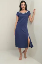 Kadın Madonna Yaka Biye Detaylı Yırtmaçlı Kristal Uzun Elbise