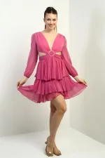 Robe courte en mousseline doublée à volants, décolleté en V devant et dos, taille marquée, pour femme