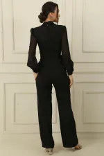 Kruvaze Yaka Kolları Şifon Boncuk Detaylı Tulum