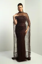 Kadın Straplez Taş-Pul İşlemeli Pelerinli Astarlı Uzun Abiye Elbise