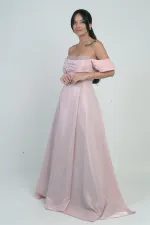 Kadın Parlak Taş Detaylı Straplez Düşük Kollu Organze Uzun Elbise