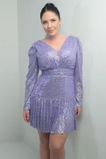 Kadın Ön Arka V Yaka Astarlı Drapeli Uzun Kollu Büyük Beden Pulpayet Elbise