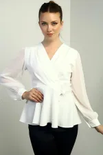 Kadın Kruvaze Yaka Şifon Kollu Çiçek Detaylı Likralı Bluz