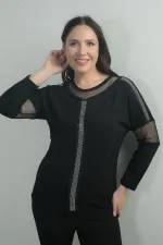 Kadın Taş Ve Tül Detaylı Likralı Çilek Büyük Beden Bluz