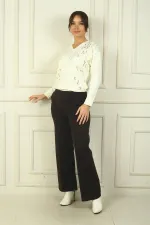 Women's Wide-Leg Steel Trousers with Elastic Waist, Side Pockets, and Trim