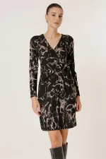 Wrap Neck Buckle Detail Patterned Lycra Dress