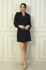 Kadın Kruvaze Yaka Önü Düğmeli Şifon Kollu Boncuklu Kısa Elbise