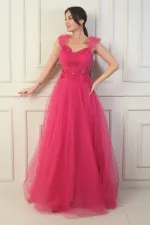 Robe de soirée princesse pour femme, décolleté en V devant et dos, manches tombantes doublées et broderie appliquée sur le haut