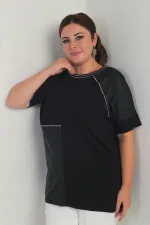 Kadın Deri Garnili Sim Detaylı Likralı Büyük Beden Bluz