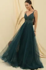 Long Tulle Dress with Rope Straps, Guipure Bead Detail and Lining