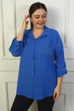 Kadın Kol Katlamalı Taş Detaylı Krep Saten Büyük Beden Gömlek