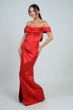 Women's Strapless Low-Sleeve Lined Underwired Satin Long Dress
