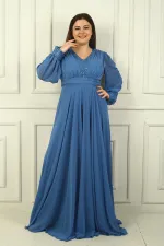 Kadın Ön Arka V Yaka Üstü Pulpayet Astarlı Büyük Beden Uzun Şifon Abiye Elbise