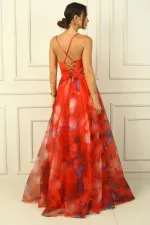 Kadın İp Askılı Arkası Bağcıklı Önü Drapeli Çiçekli Organze Uzun Elbise