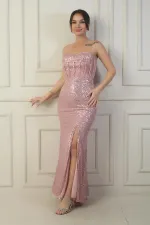 Women's Strapless Underwired Back Lace-Up Lined Slit Sequin Long Dress