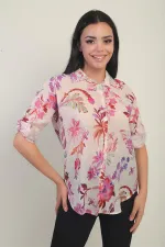 Kadın Çiçek Desenli Kol Katlamalı Gömlek