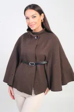 Kadın Düğmeli Beli Kemerli Kaşe Panço