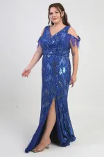 Kadın Tüylü Düşük Kollu Pul İşlemeli Astarlı Büyük Beden Uzun Elbise