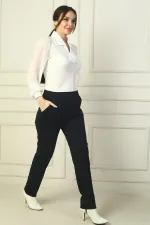 Kadın Beli Lastikli Yandan Cepli Çımalı Full Likra Çelik Klasik Paça Pantolon