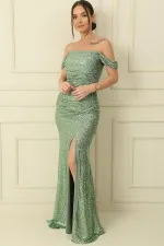 Kalın Askılı Astarlı Önü Büzgülü Pulpayet Uzun Elbise