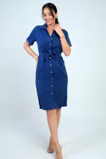 Kadın Ön Bağlamalı Cepli Önü Düğmeli Astarlı Kısa Lyocell Elbise