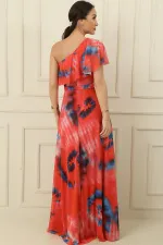 Tek Omuz Astarlı Yırtmaçlı Empirme Uzun Şifon Elbise