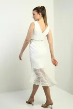 Women's V-Neck Lined Midi Lace Dress with Ruffled Skirt