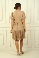 Linen-Effect Dress with Buttoned Front and Gathered Sleeves
