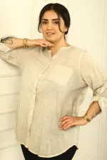 Buttoned Front, Sequin Detailed, Double Pocket, Folded Sleeve, Washed Linen Plus Size Shirt