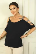 Women's Sleeve Stone Trimmed Neckline Relaxed Fit Blouse