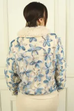 Veste en tulle à motif floral, fermeture éclair et col en fourrure pour femme