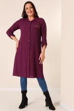 Tunique longue Ayrobin grande taille à manches Truvakar boutonnées sur le devant et ornée de perles.