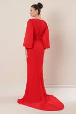 Kruvaze Yaka Önü Büzgülü Astarlı Uzun Şifon Elbise