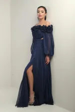 Women's Floral Madonna Neckline Belted Lined Chiffon Long Dress