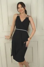 Kadın Çift İp Askılı Üstü Şifon Kemerli Kısa Krep Elbise