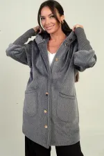 Kadın Kapüşonlu Önü Düğmeli Astarlı Kolları Ribanalı Angora Kaban