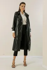 Trench-coat doublé en similicuir avec ceinture et poches latérales