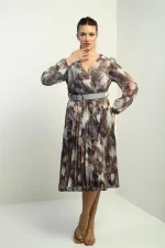 Women's Wrap Neckline Belted Lined Floral Patterned Pleated Midi Chiffon Dress