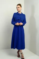 Women's Button-Down Detachable Vest, Elastic Waist, Long-Sleeved Midi Dress