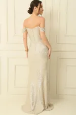 Kalın Askılı Astarlı Önü Büzgülü Pulpayet Uzun Elbise