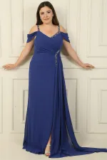 Kadın Taş Detay Askılı Düşük Kol Yanı Mendil Yırmaçlı Askılı Büyük Beden Şifon Uzun Elbise